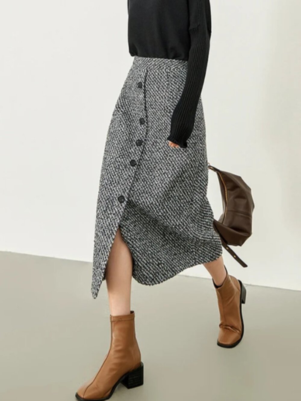 Commense Button Down Tweed Boucle Maxi Skirt - M